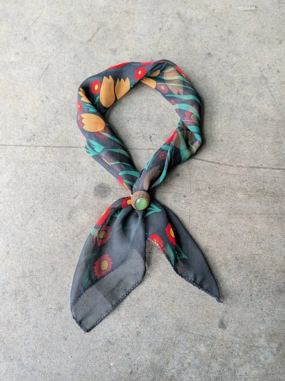Vintage Floral Silk-Feel Polyester Sheer Black Red Yellow Green Square Scarf